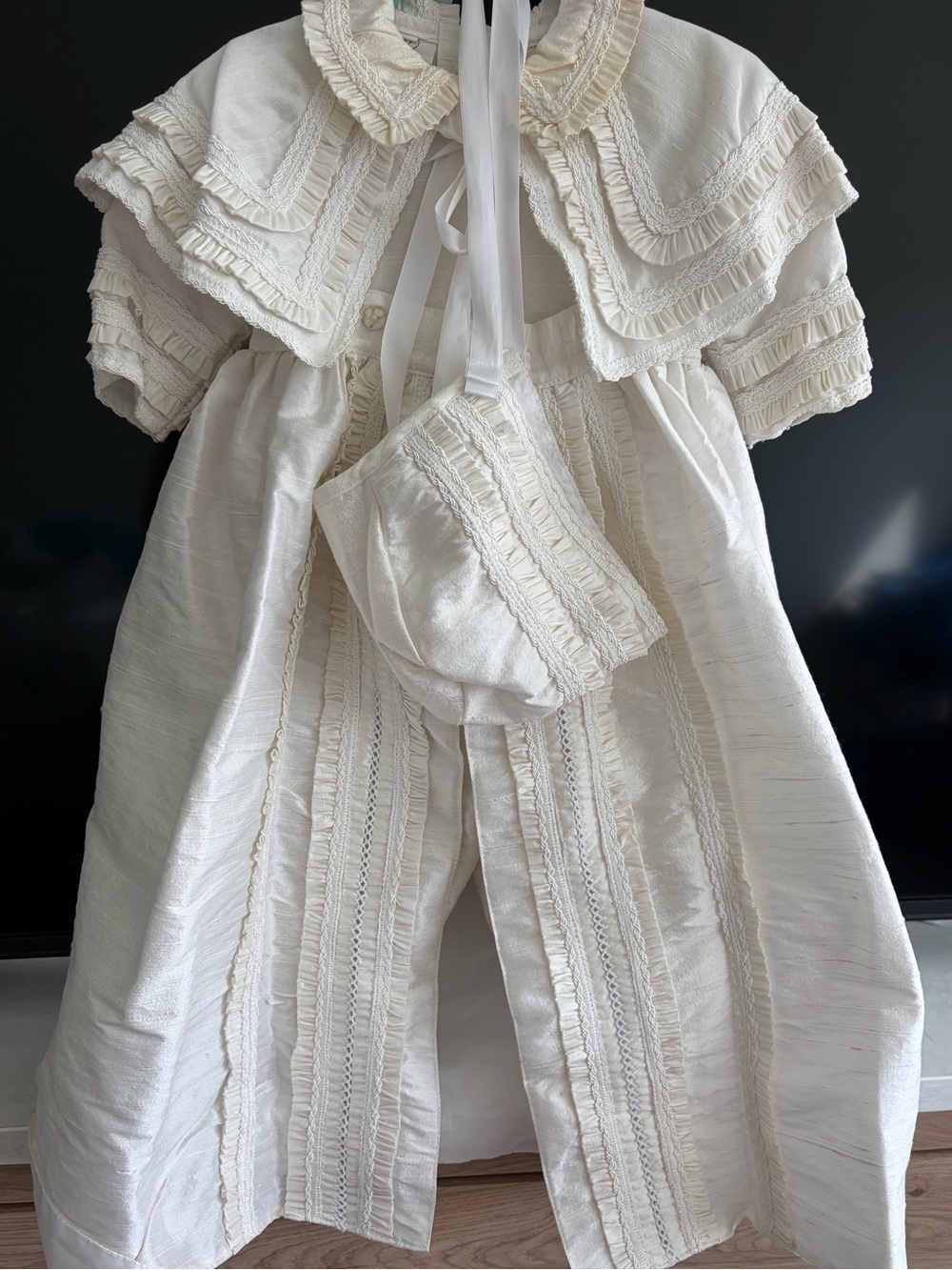 12-18m Boys Ivory Ruffled Christening Gown with Matching Bonnet